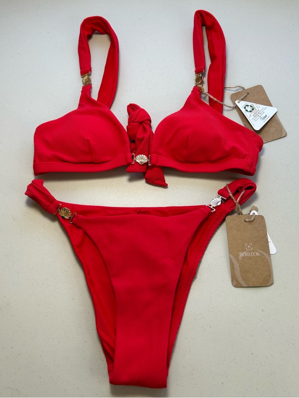 BERLOOK Red Shell Accent Bikini Set Adjustable Straps Recycled XS